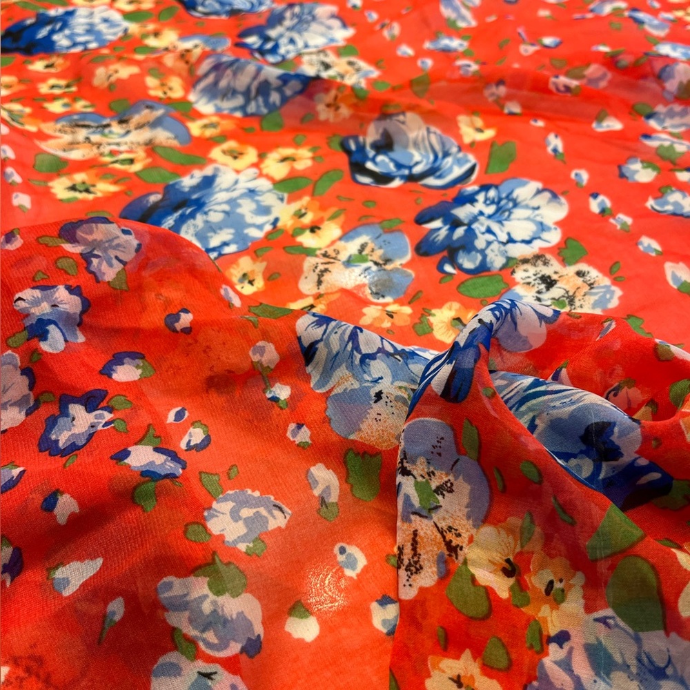 Red with multicolored flowered sheer scarf NWT
